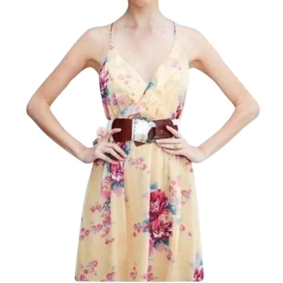 Meadow Rue Yellow Floral Print 100% Silk Ruffle Accent Dress Sz 6 Small - Picture 8 of 8